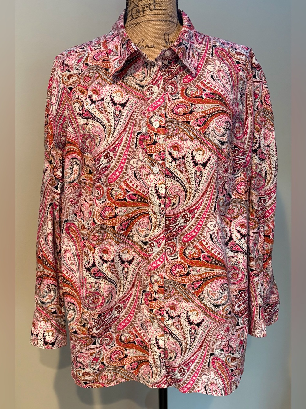 Talbots Plus Size X (0X / 14W) Pink Paisley Floral Button Front Shirt Blouse